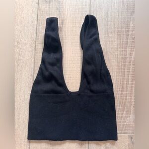 Free People Black Ribbed Crop Tank Size M/L Plunge Neckline Yoga Gym Athleisure
